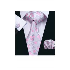 3delige set stropdas manchetknopen pochet grijs zilver roze Bloemetjes
